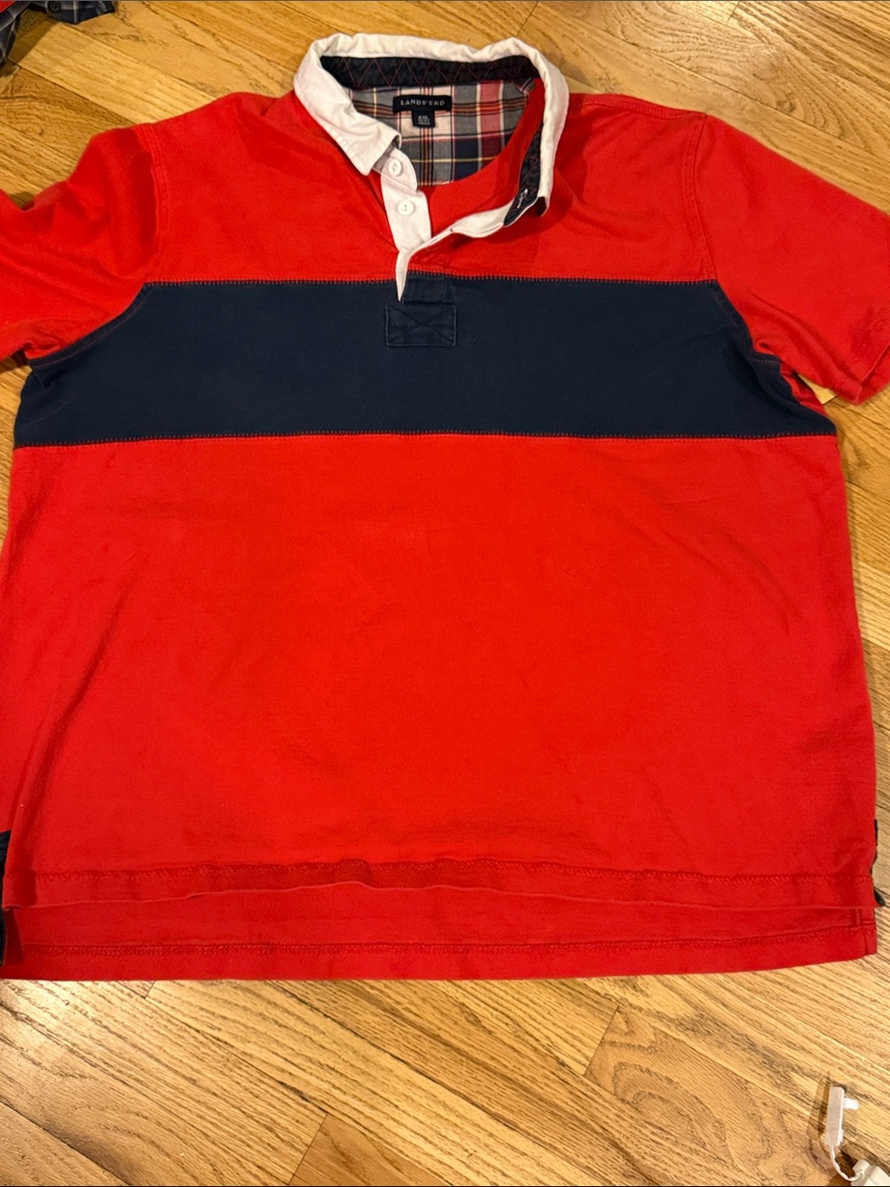 Lands' End Red rugby Polo with Navy Chest Stripe and White Collar